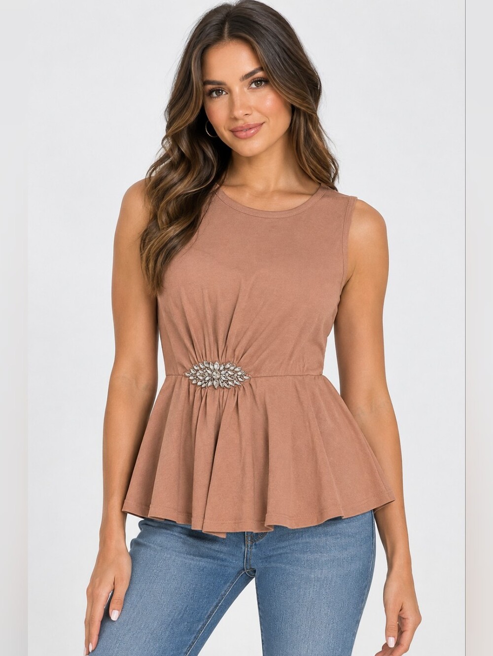 Express Sleeveless Peplum Top with Embellished Waist - Blush